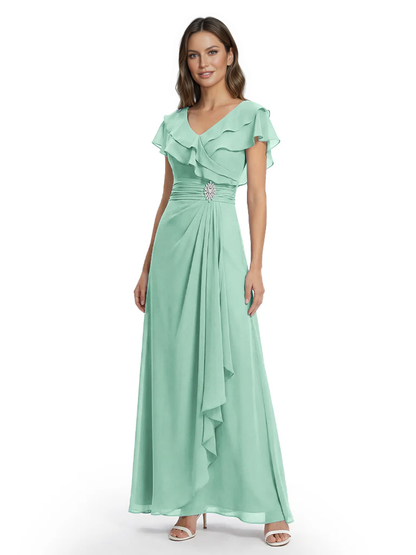 Elegant Mother of the Groom Dress Cascading Ruffle Chiffon Formal Gown Rhinestone