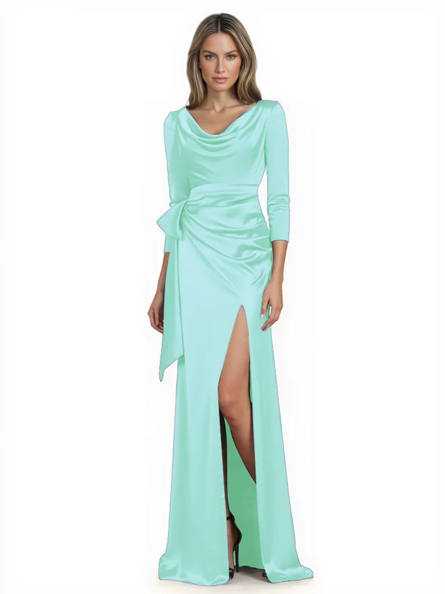 Elegant Evening Gowns Slit Trending Styles Satin Slit Formal Dress Cowl Neckline Gown Tie