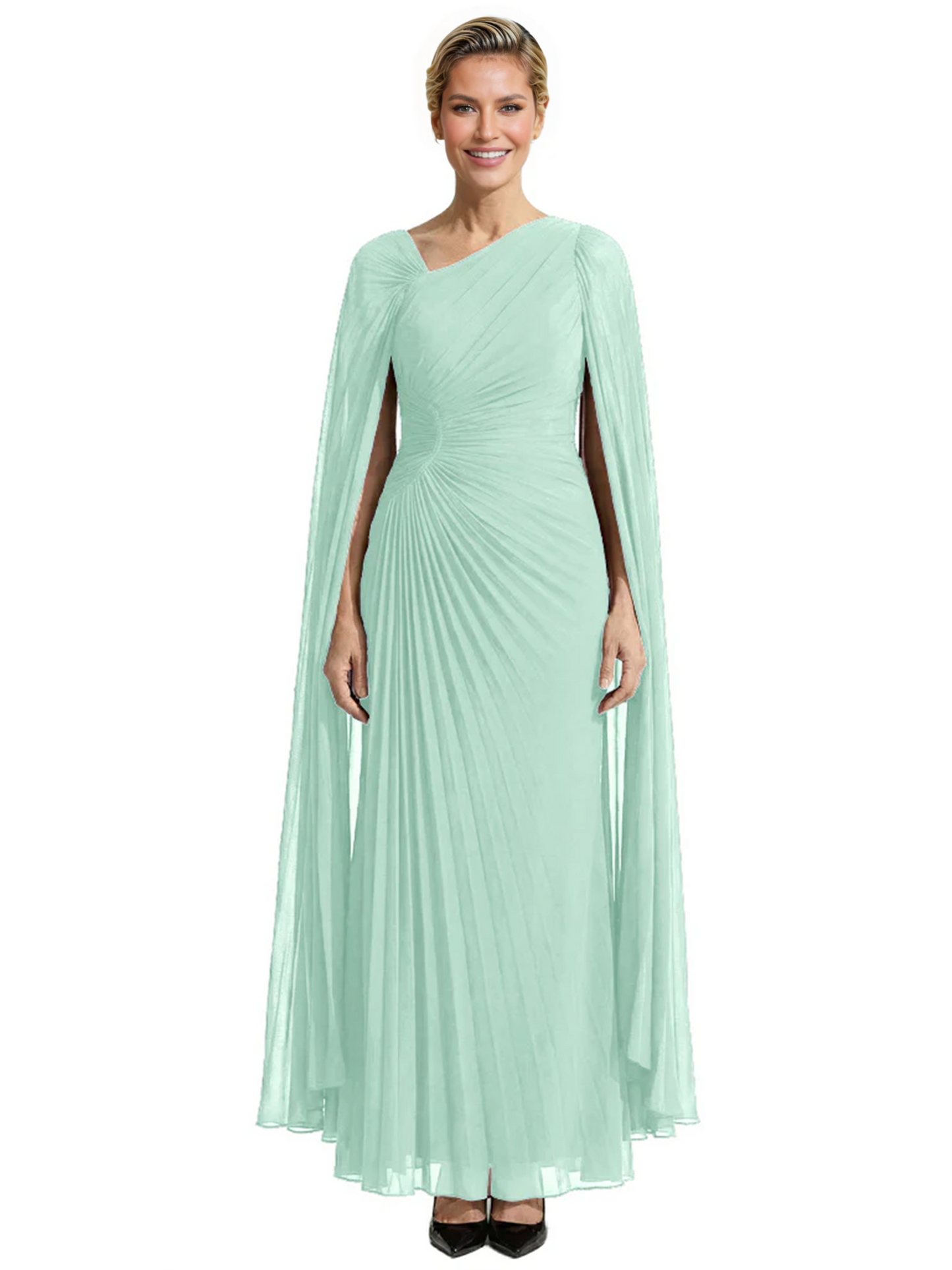 Elegant Asymmetric Neck Long A-Line Chiffon Mother of the Brides Dresses Mom Outfit with Cape