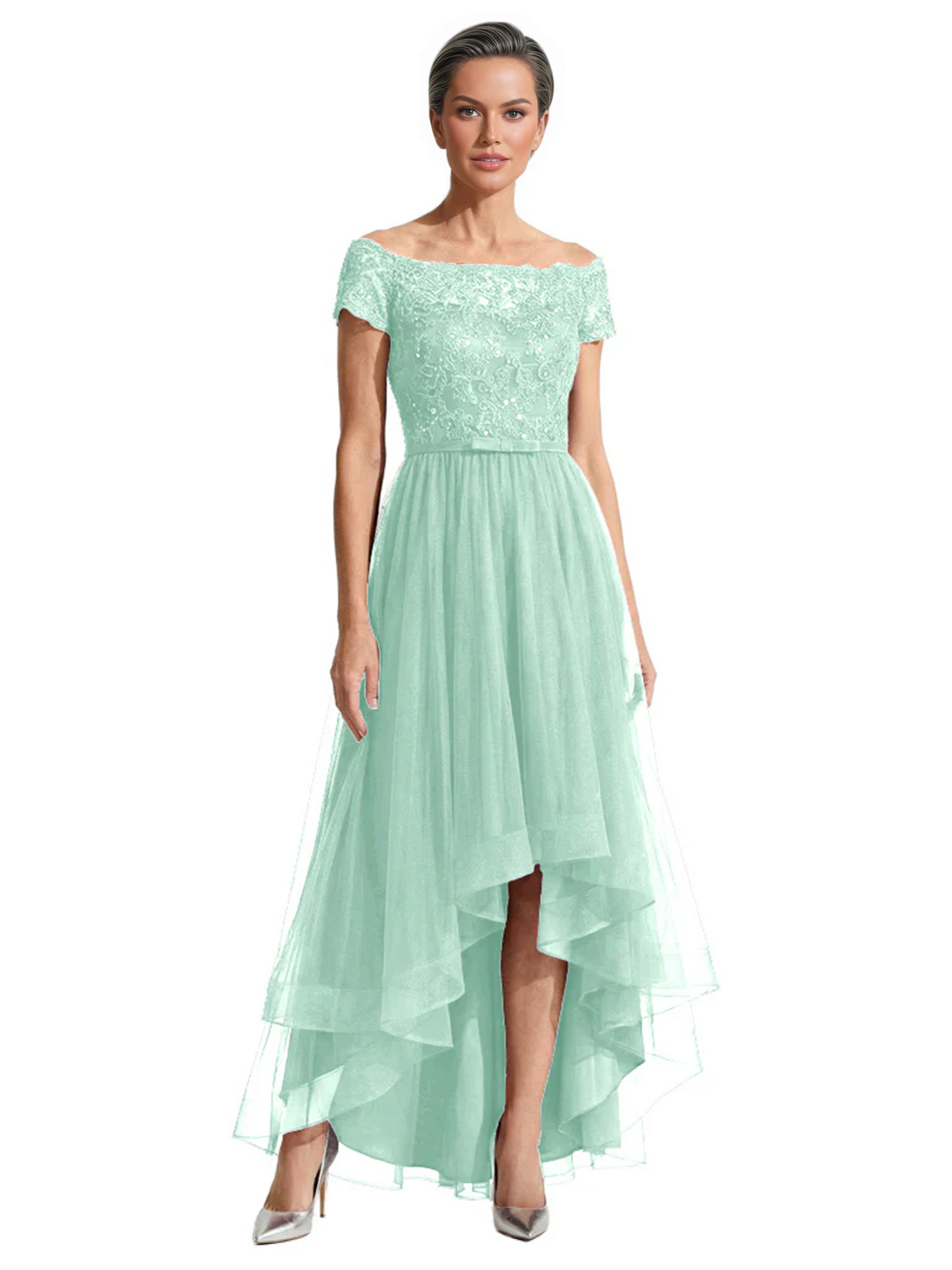 Formal High-Low Mother of the Bride Gown Short Sleeve Lace Maxi Dress with Tiered Skirt