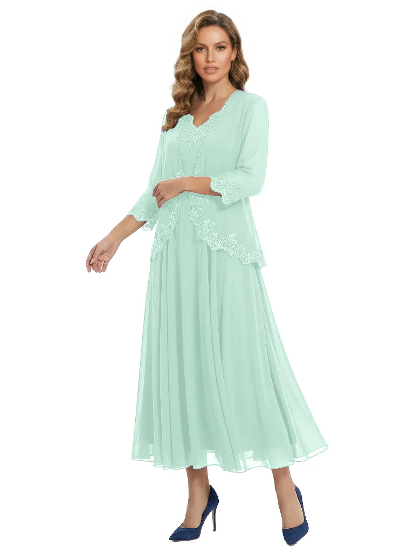 3/4 Sleeve Chiffon Mother of the Brides Dresses V-Neck Wedding Party Gowns