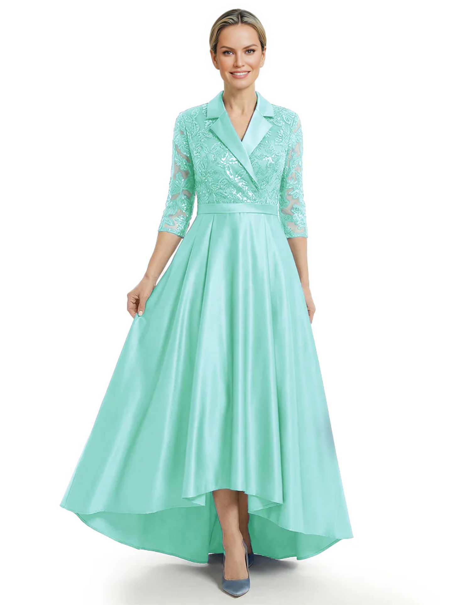 Elegant Mother of Bride Dress Evening Gowns Trending Styles with Lapel Collar 3/4 Sleeves