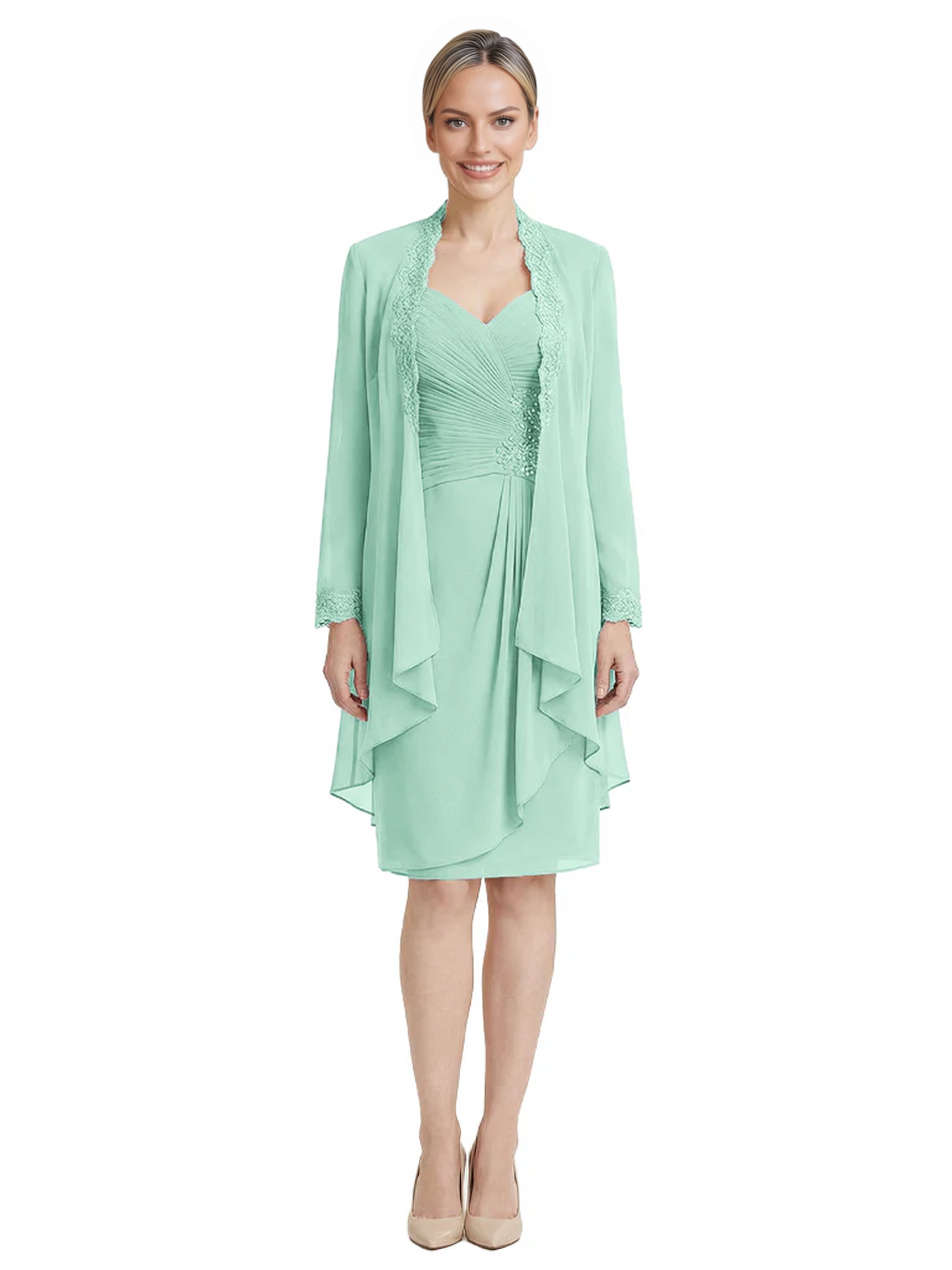 2PCS Knee Length Chiffon Mother of the Brides Dresses Short V-Neck