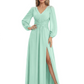 A-Line Mother of Bride Dress V-Neck Chiffon Gown Long Sleeves Slit Formal Dress