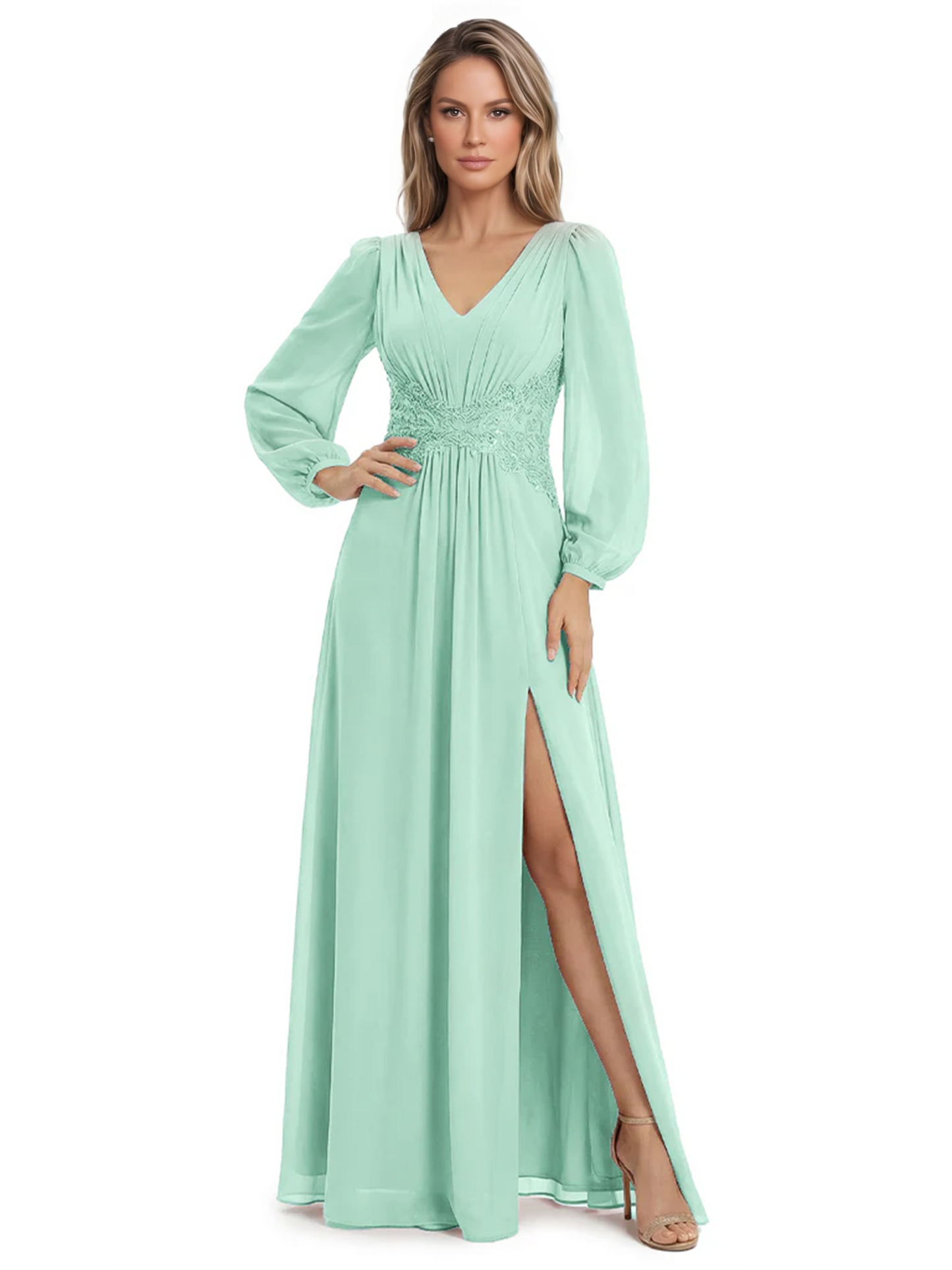 A-Line Mother of Bride Dress V-Neck Chiffon Gown Long Sleeves Slit Formal Dress