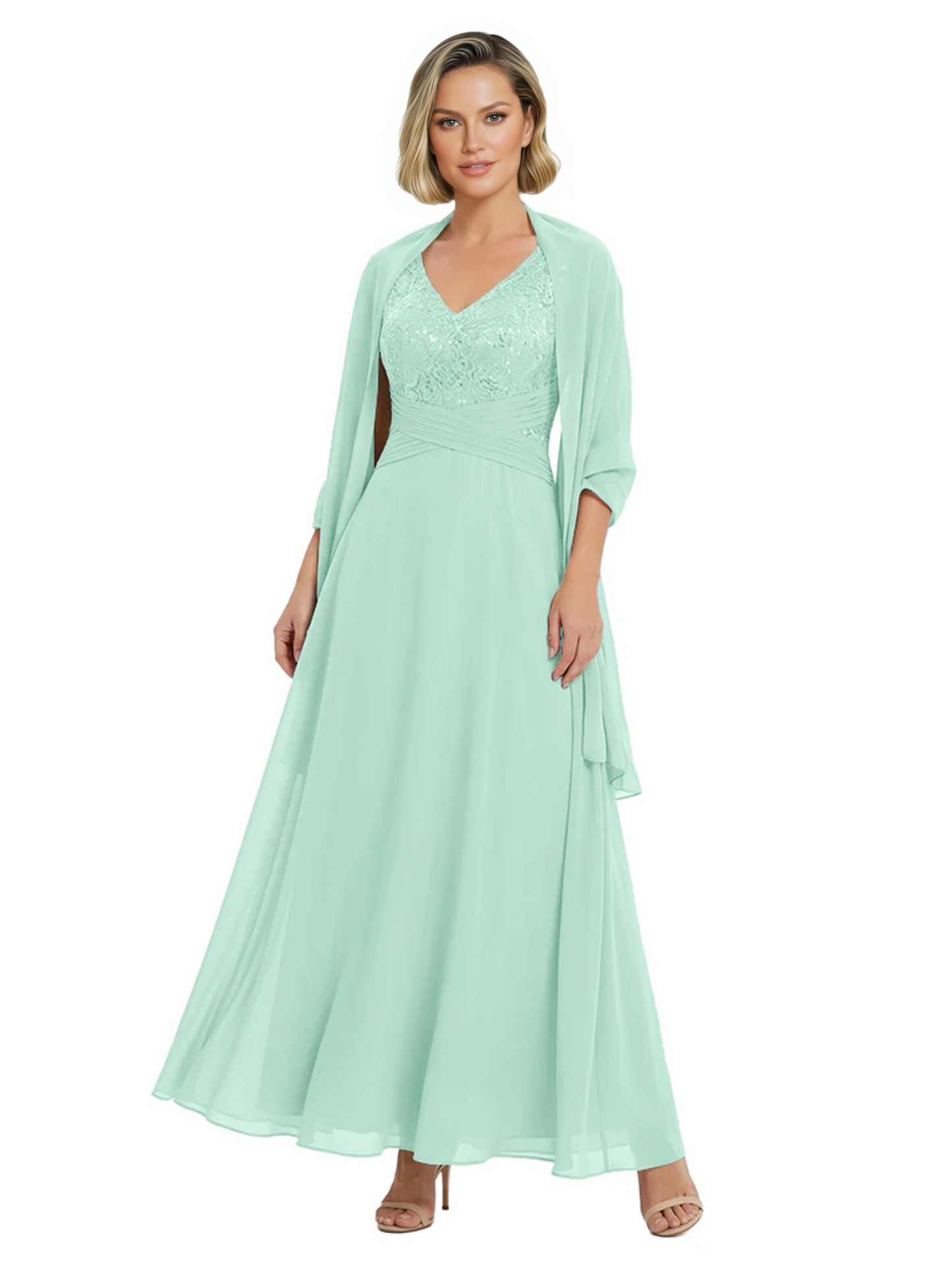 Luxury Formal Mother of Bride Dress Sparkling Sequin Top & Flowy Chiffon Skirt with Shawl