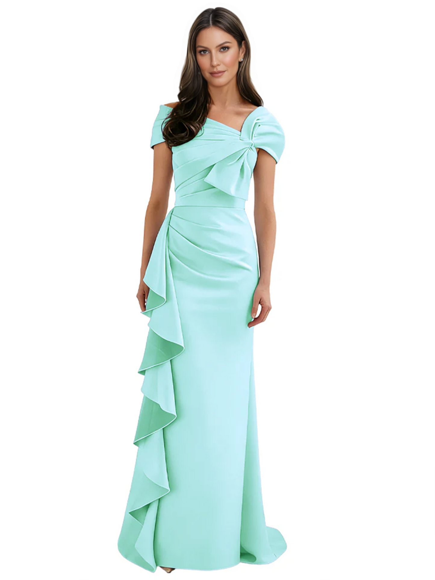 Elegant Mother of Bride Dress Formal Gowns Mermaid Ruffle Floor Length Asymmetric Neckline