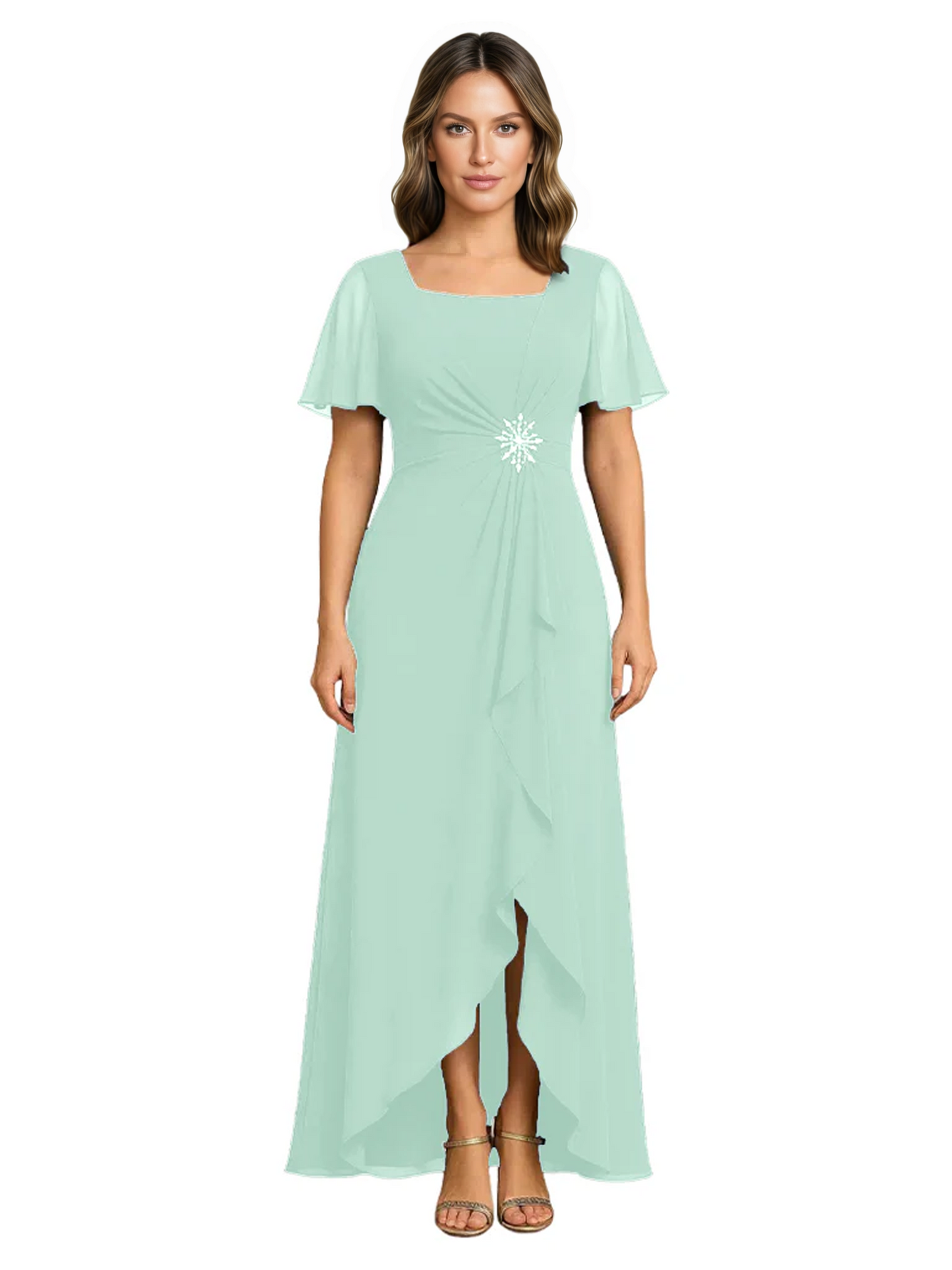 Formal High-Low Mother of the Bride Gown Sleeved Chiffon Maxi Dress Ruched Waist