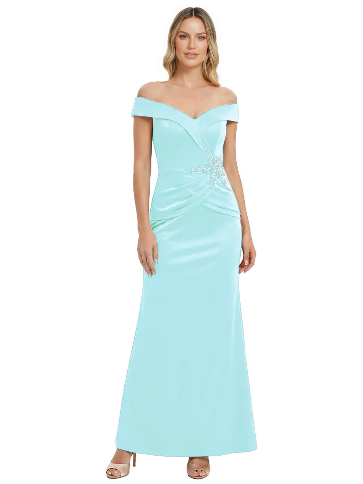 Off Shoulder Mother of the Bride Dress Beaded Waist Satin Gown Portrait Neckline