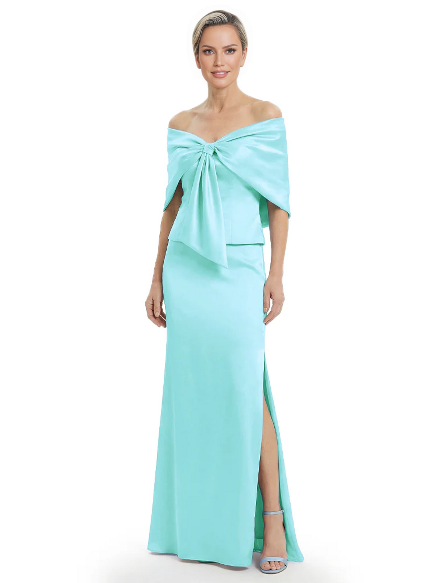 Formal Floor-Length Mother of the Bride Gown Satin Maxi Dress with Bow Neckline