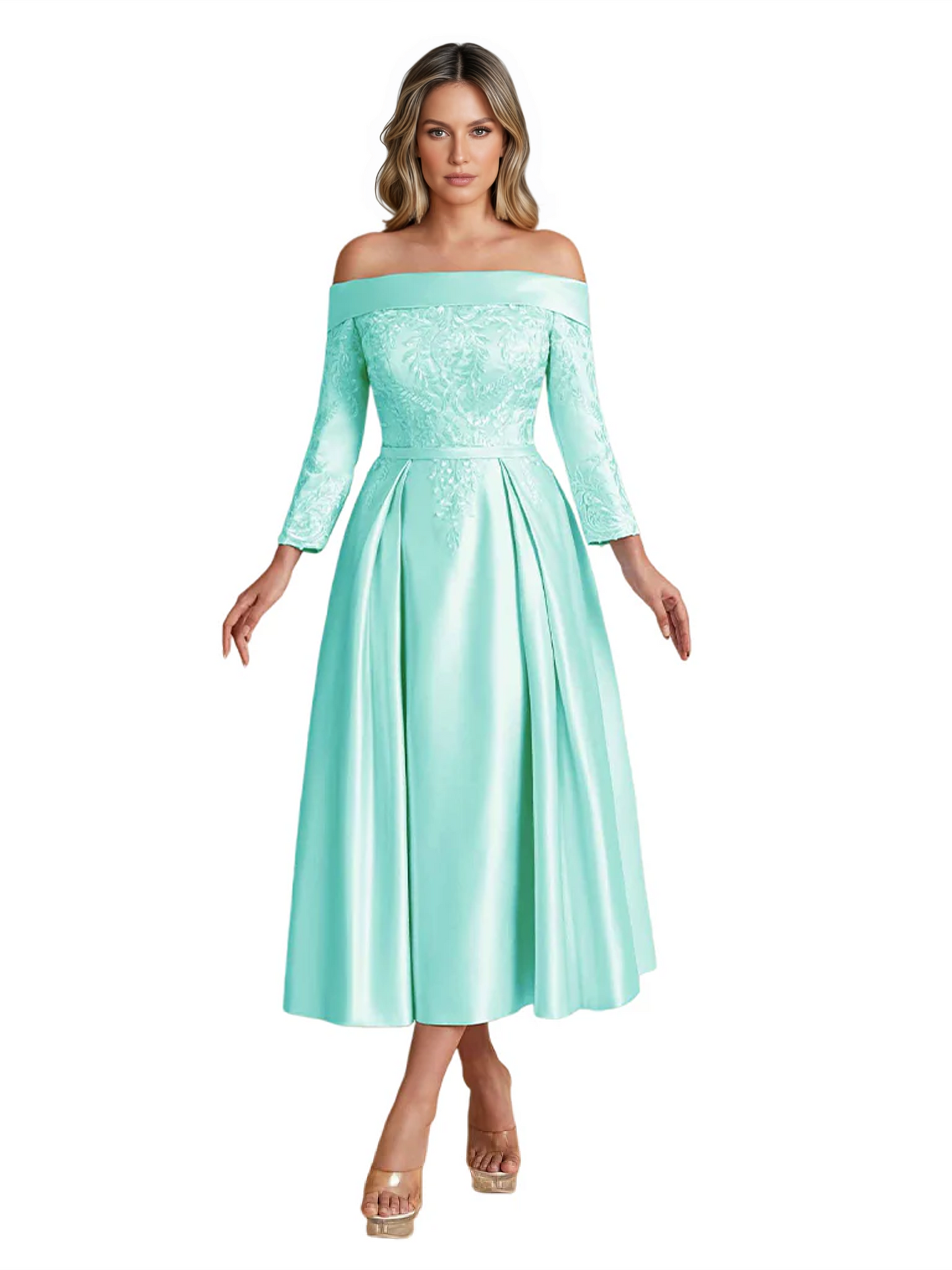 Off Shoulder Mother of the Bride Dress Tea-Length Satin Gown with Lace Applique