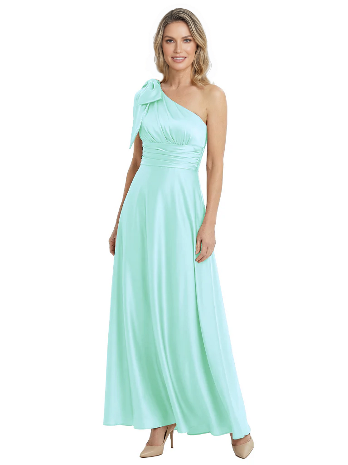 One-Shoulder Mother of the Bride Dress Satin Gown with Bow Ruched Empire Waist