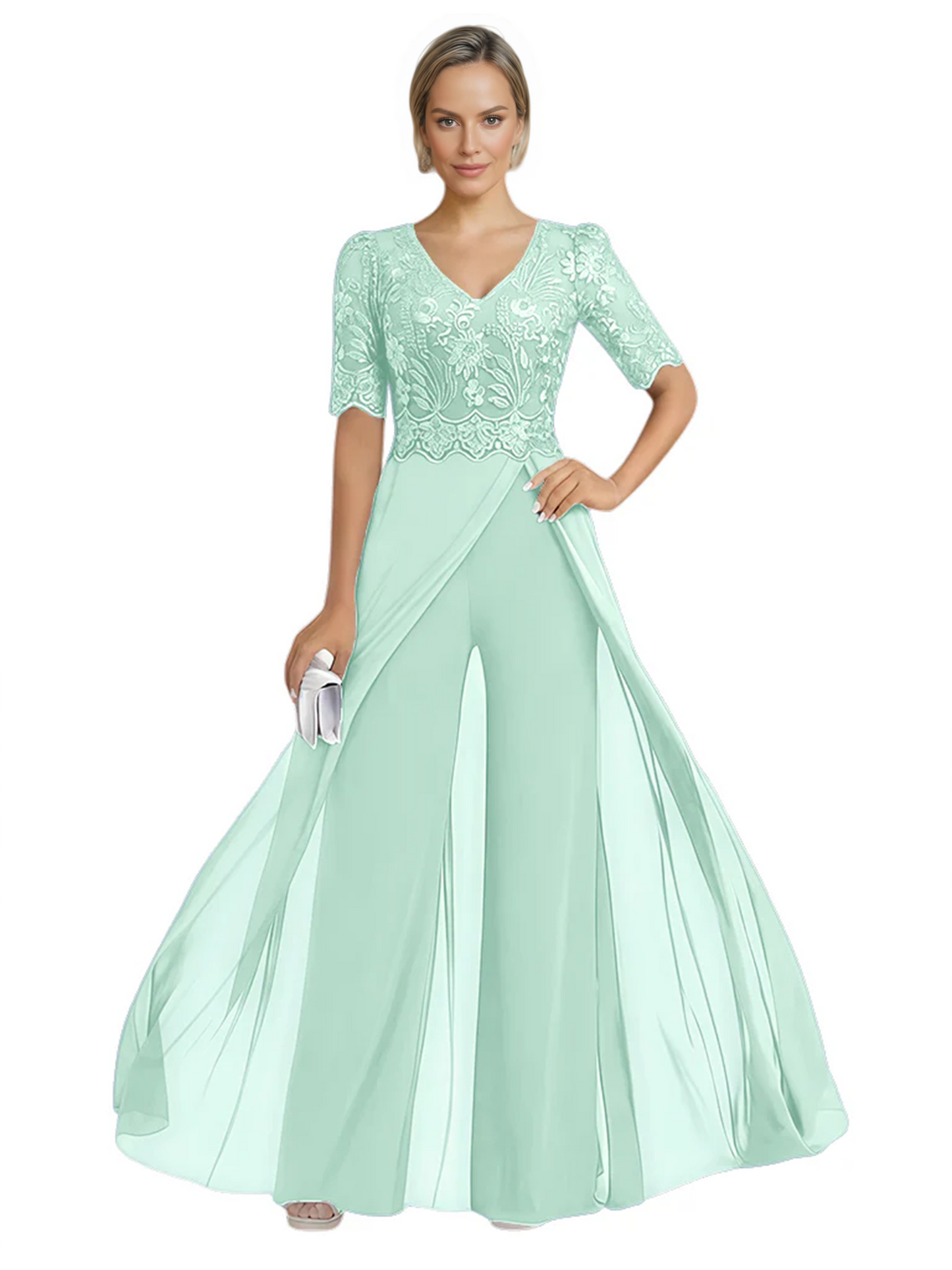 V-Neck Chiffon Mother of the Brides Jumpsuits Dresses Floor Length A-Line Lace