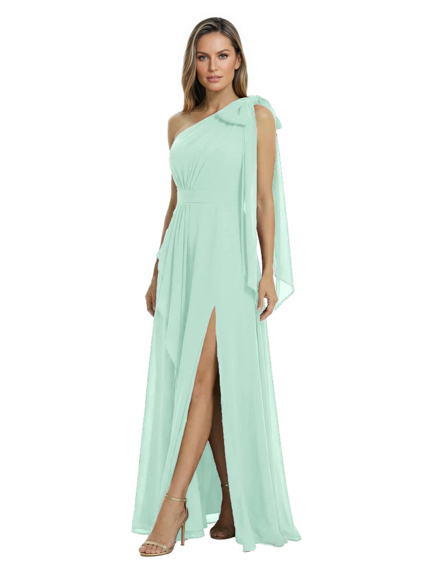 One-Shoulder Mother of the Bride Dress Chiffon Gown with Long Sash Detail