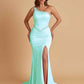 Sexy Soft Satin Mermaid One Shoulder Side Slit Beading Floor-Length Bridesmaid Dresses Online