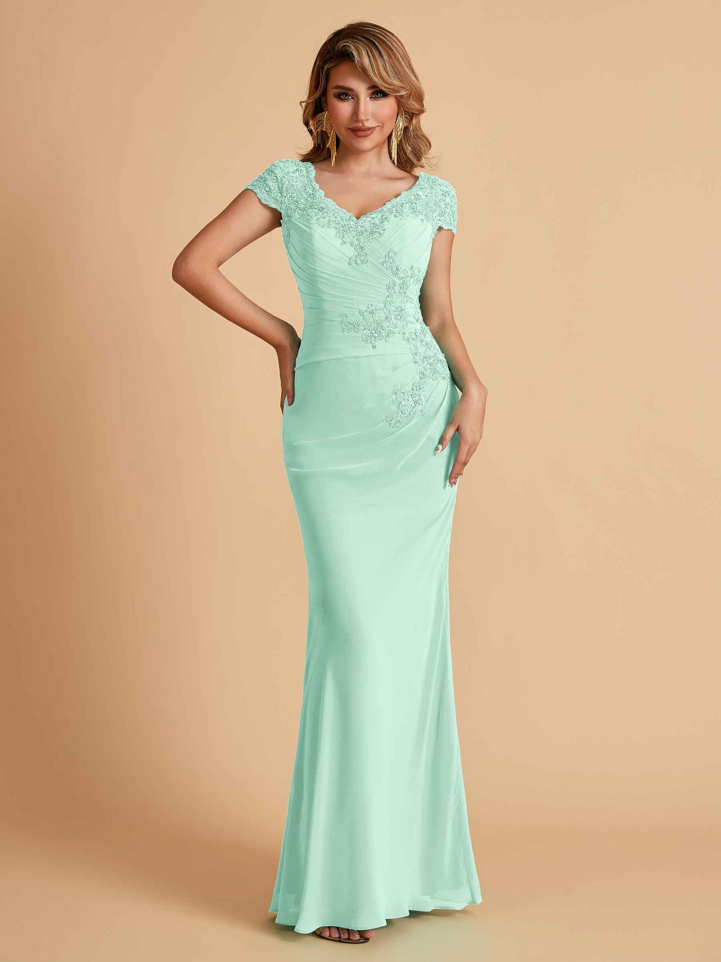 Elegant Mermaid Chiffon Cap Sleeves V-Neck Mother of the Brides Dresses Online