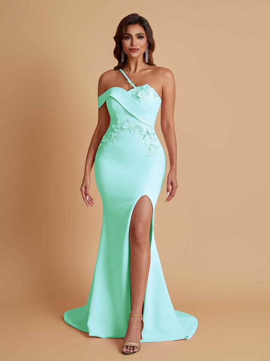 Sexy Soft Satin Mermaid One Shoulder Asymmetrical Side Slit Floor-Length Bridesmaid Dresses