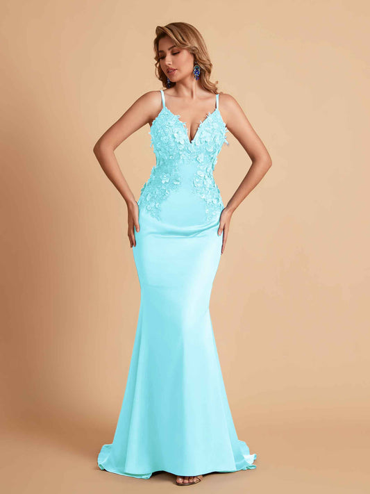 Sexy Satin Spaghetti Straps V-neck Mermaid Floor Length Applique Bridesmaid Dresses
