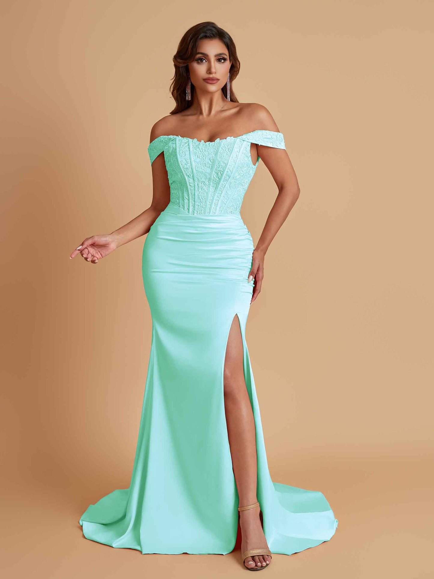 Elegant Soft Satin Mermaid Off Shoulder Side Slit Floor-Length Mermaid Bridesmaid Dresses
