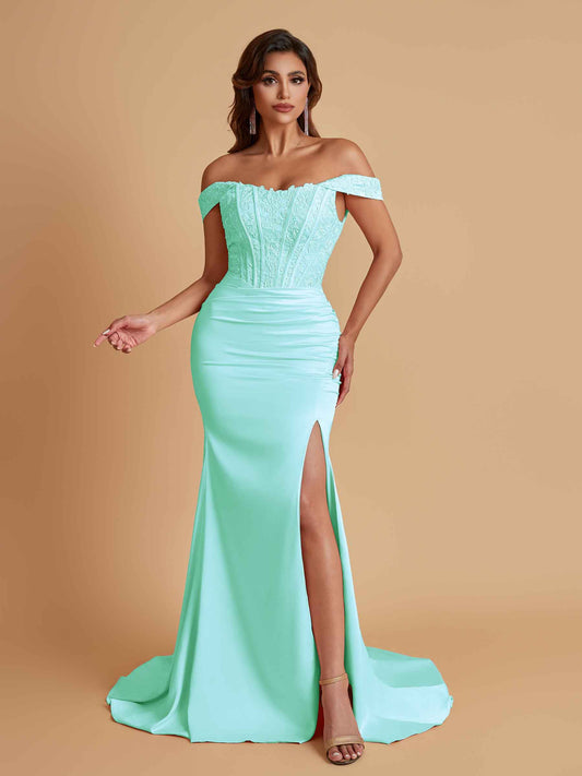 Elegant Soft Satin Mermaid Off Shoulder Side Slit Floor-Length Mermaid Bridesmaid Dresses