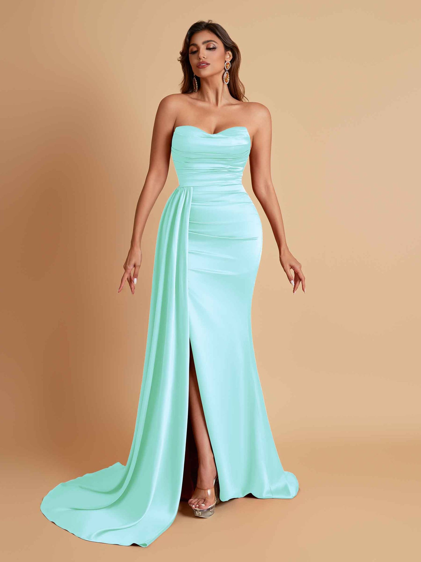 Elegant Soft Satin Sweetheart Strapless Side-Slit Mermaid Bridesmaid Dresses