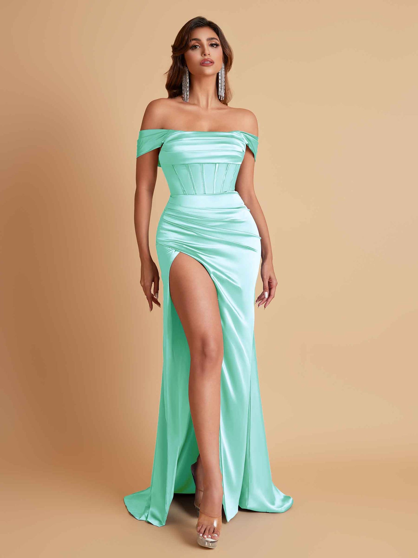 Sexy Off the Shoulder Soft Satin Side Slit Floor-Length Mermaid Bridesmaid Dresses