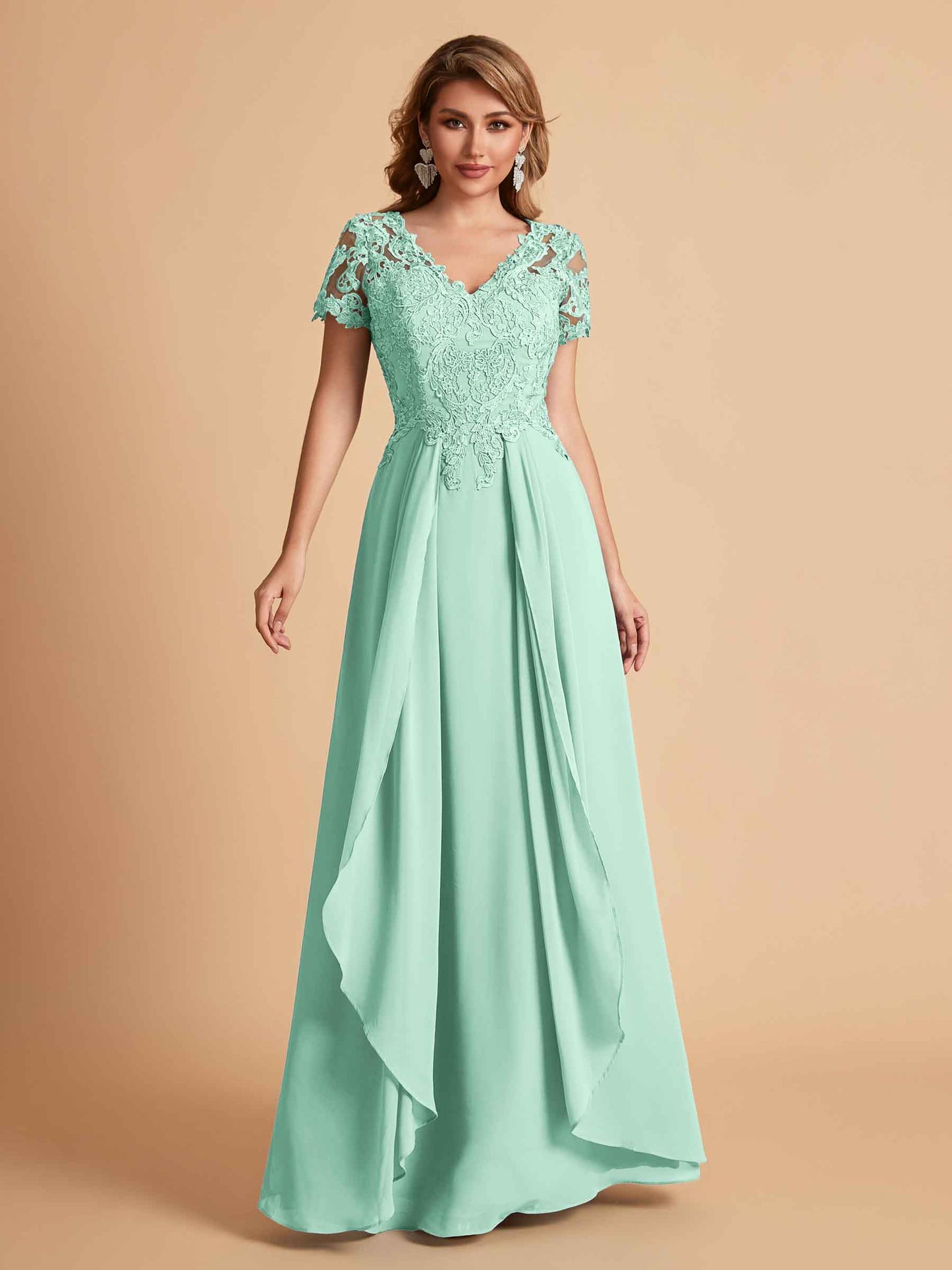 Elegant A-Line Chiffon Short Sleeves V-neck Mother of the Brides Dresses Lace Top MOB Dresses