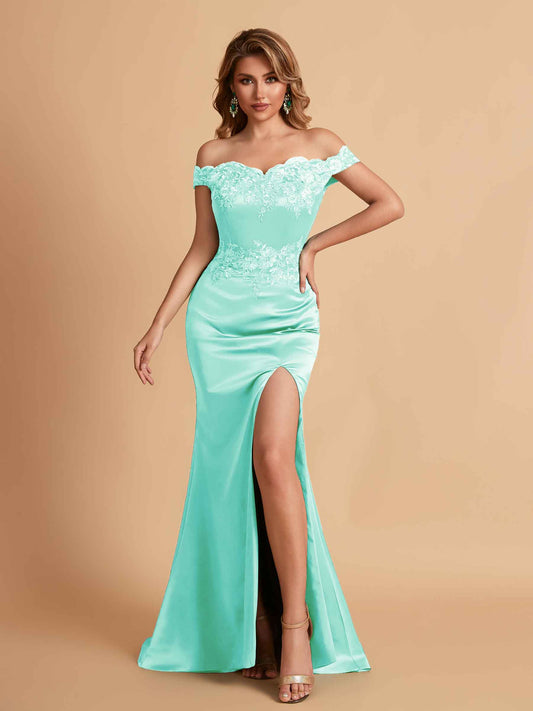 Elegant Satin Off Shoulder Mermaid Side Slit Floor Length Bridesmaid Dresses