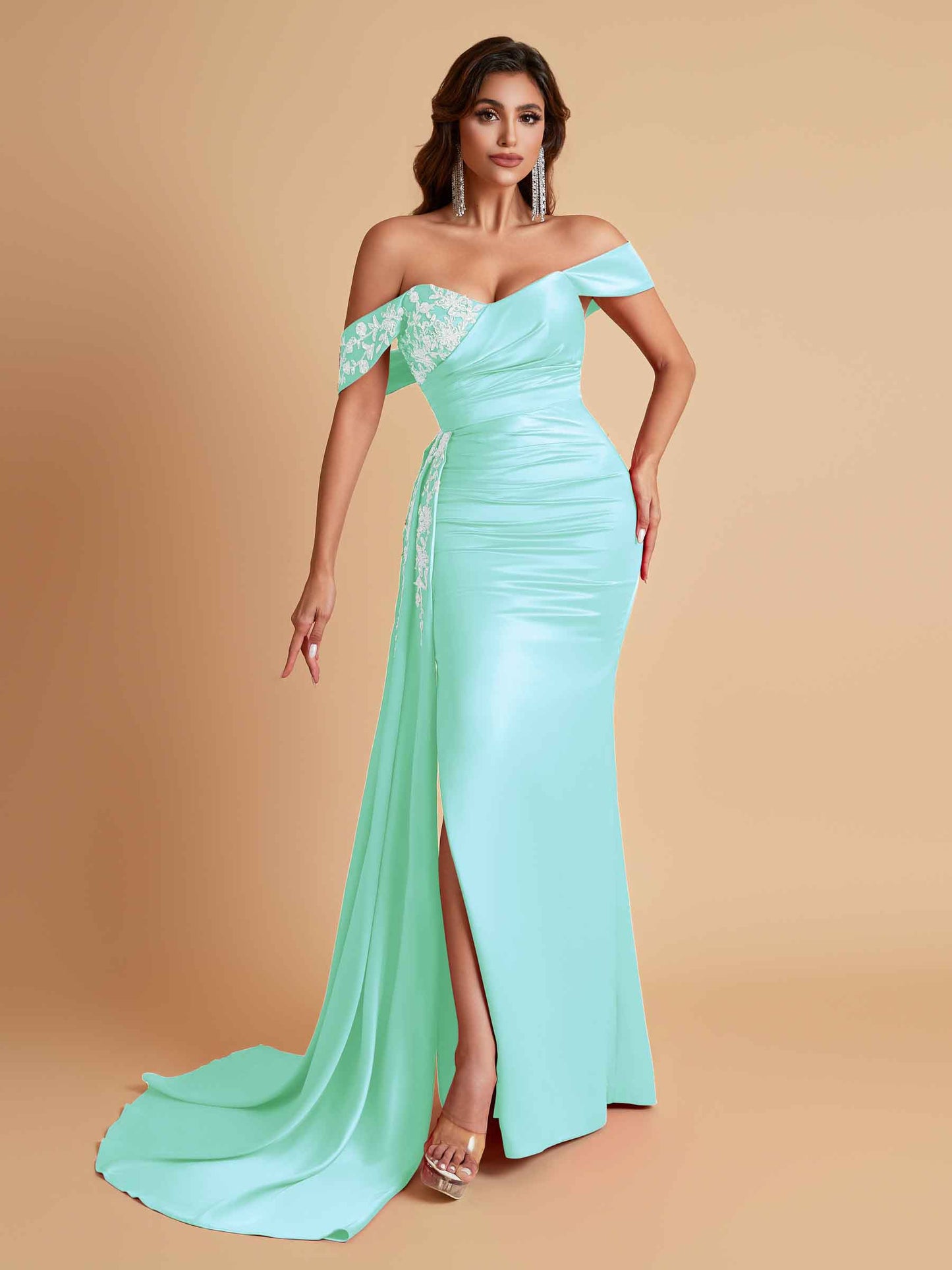 Elegant Soft Satin Mermaid Off Shoulder Floor-Length Mermaid Bridesmaid Dresses