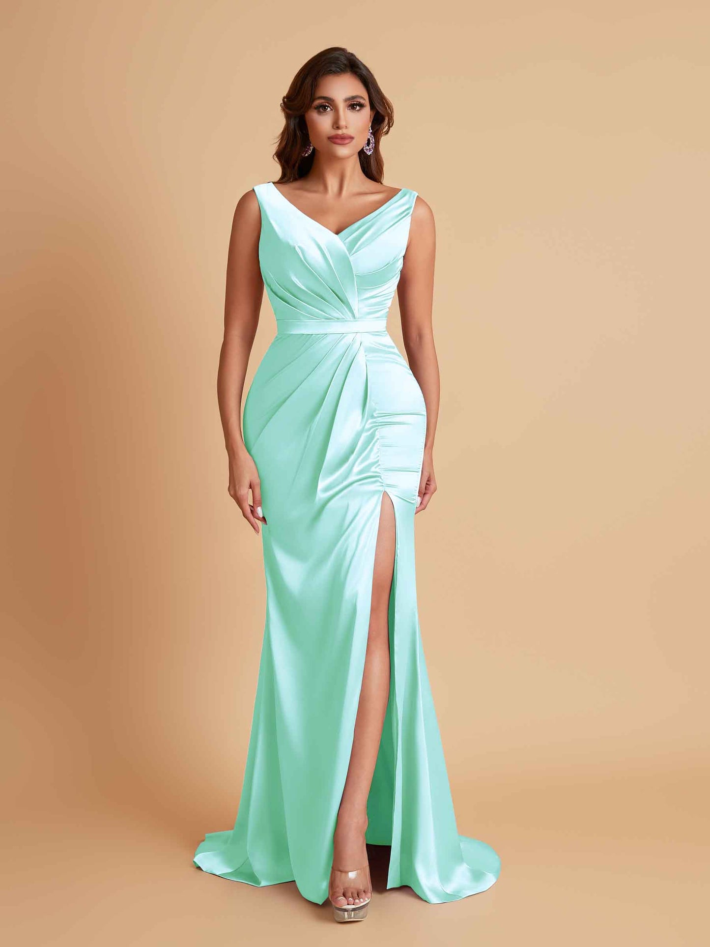 Elegant V Neck Soft Satin Side Slit Floor-Length Mermaid Bridesmaid Dresses