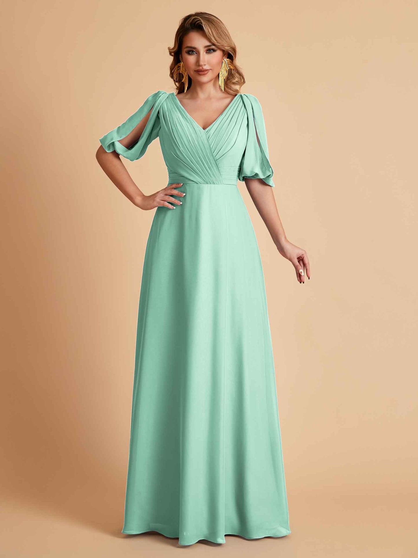 Elegant A-Line Chiffon Half Sleeves V-Neck Mother of the Brides Dresses Online