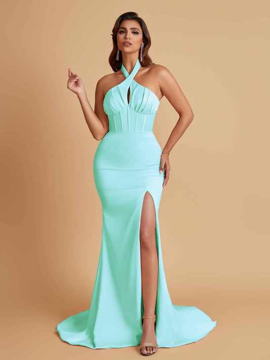 Elegant Soft Satin Mermaid Halter Side Slit Floor-Length Bridesmaid Dresses Online