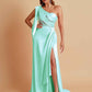 Sexy Soft Satin Mermaid One Shoulder Asymmetrical Side Slit Floor-Length Bridesmaid Dresses