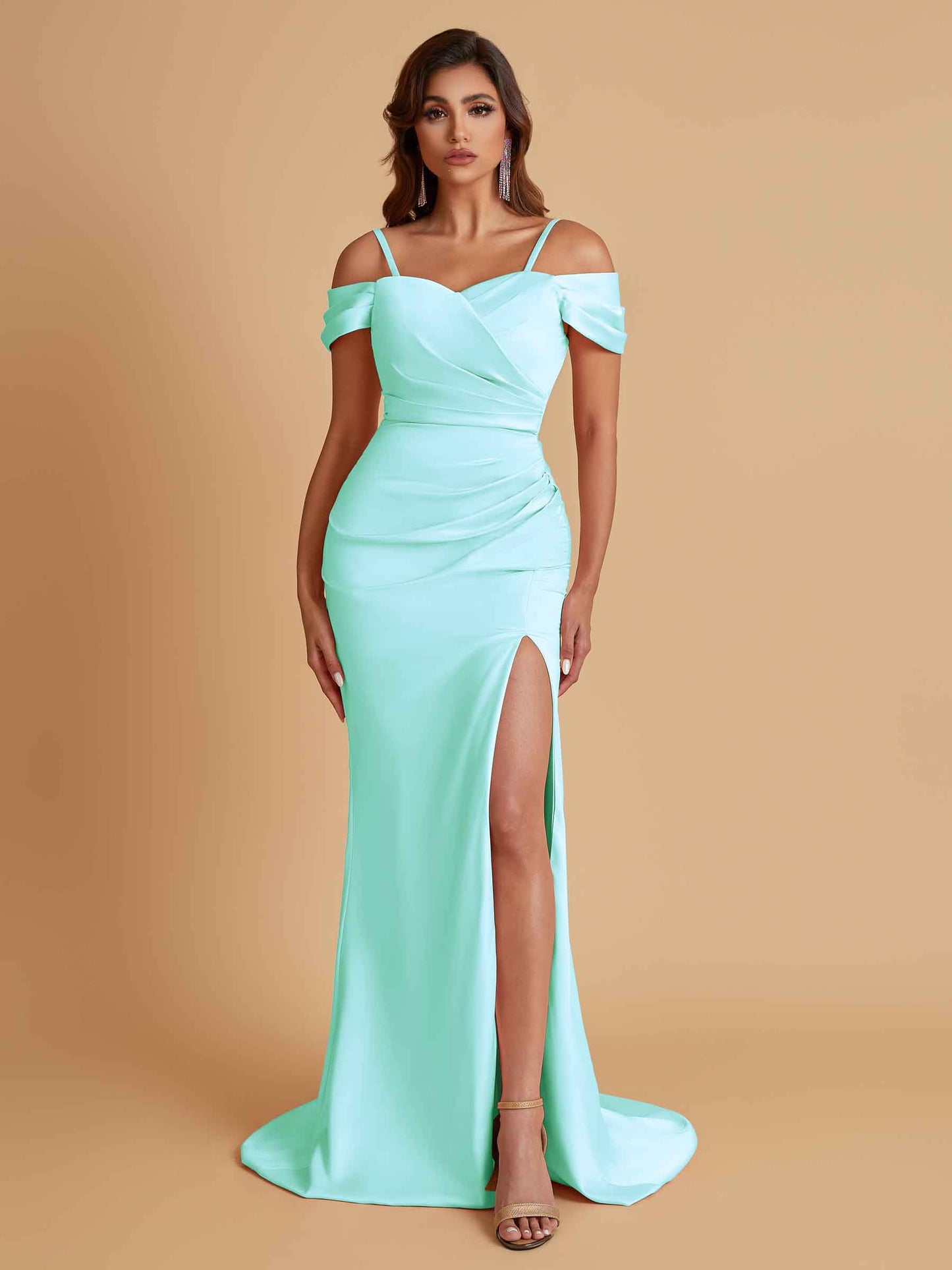Sexy Soft Satin Mermaid Cold Shoulder Side Slit Floor-Length Bridesmaid Dresses Online