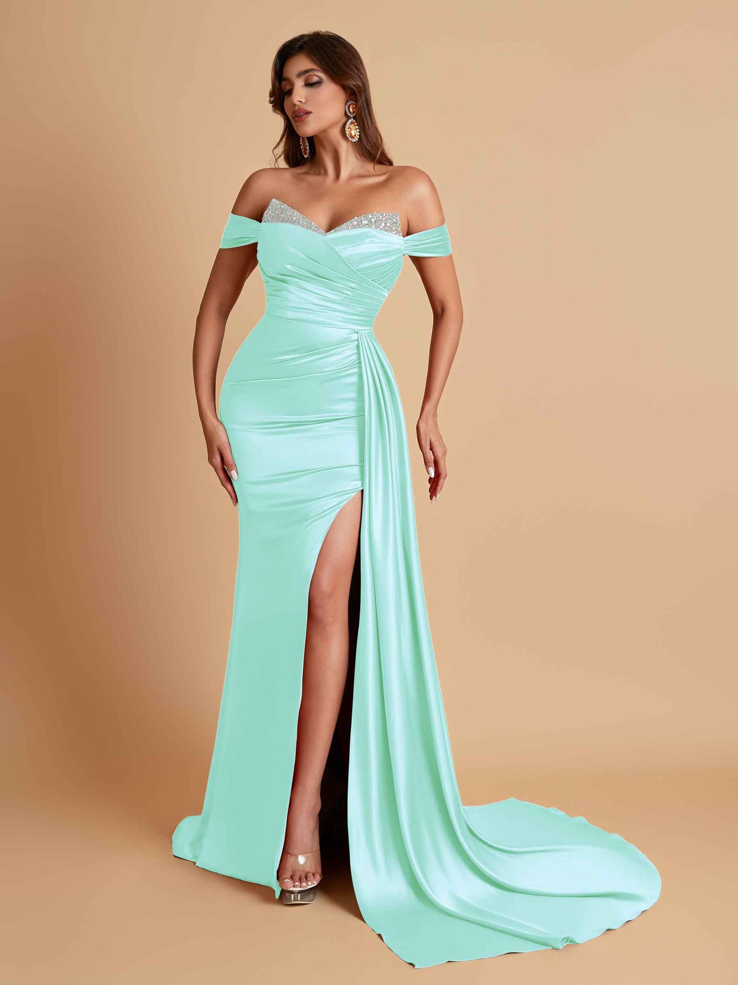 Gorgeous Soft Satin V-neck Off-the-Shoulder Side-Slit Mermaid Bridesmaid Dresses