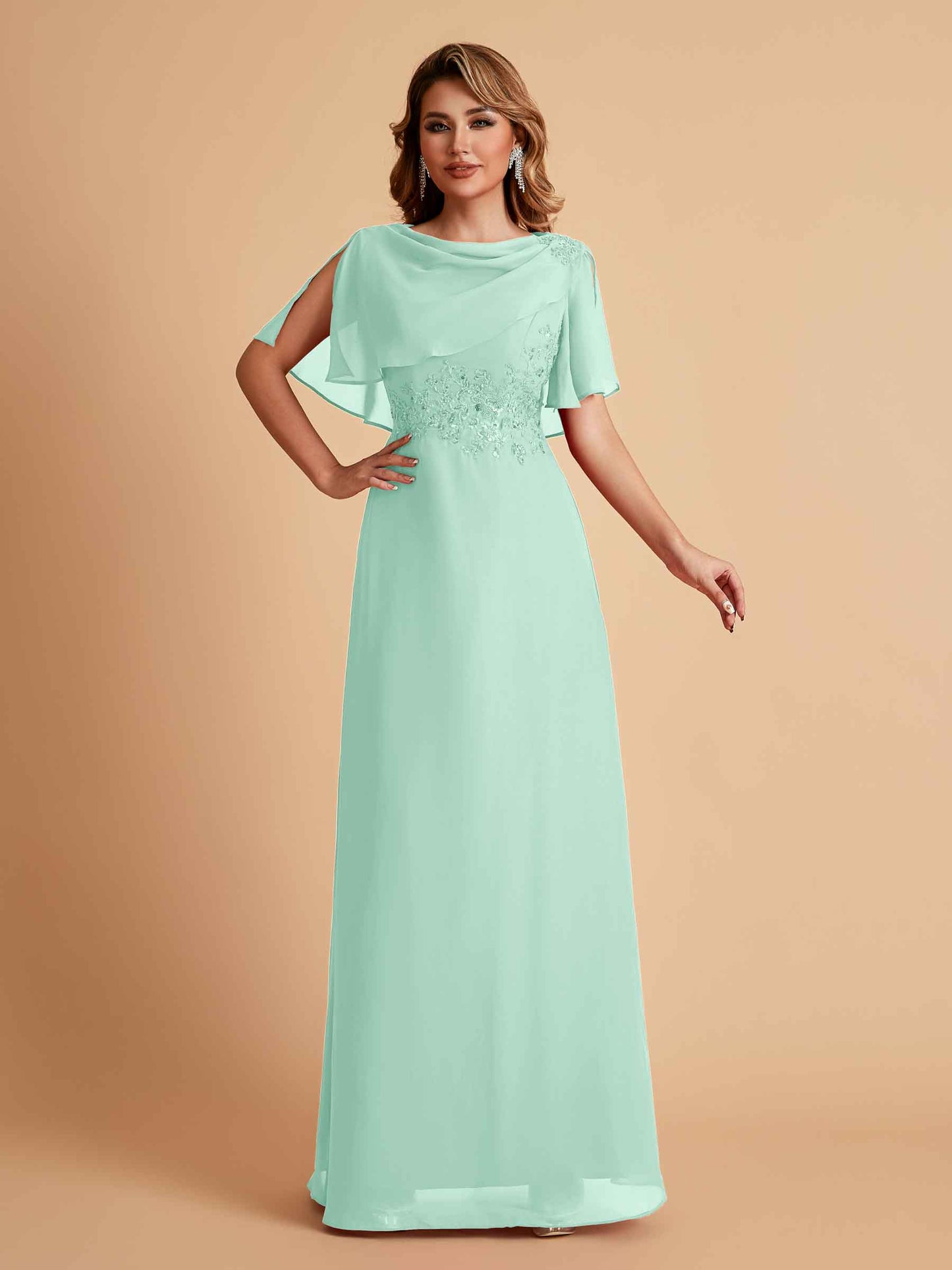 Elegant A-Line Chiffon Half Sleeves Jewel Mother of the Brides Dresses Online