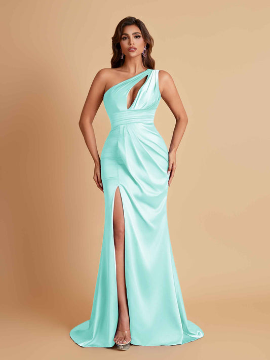 Sexy One Shoulder Soft Satin Side Slit Floor-Length Mermaid Bridesmaid Dresses