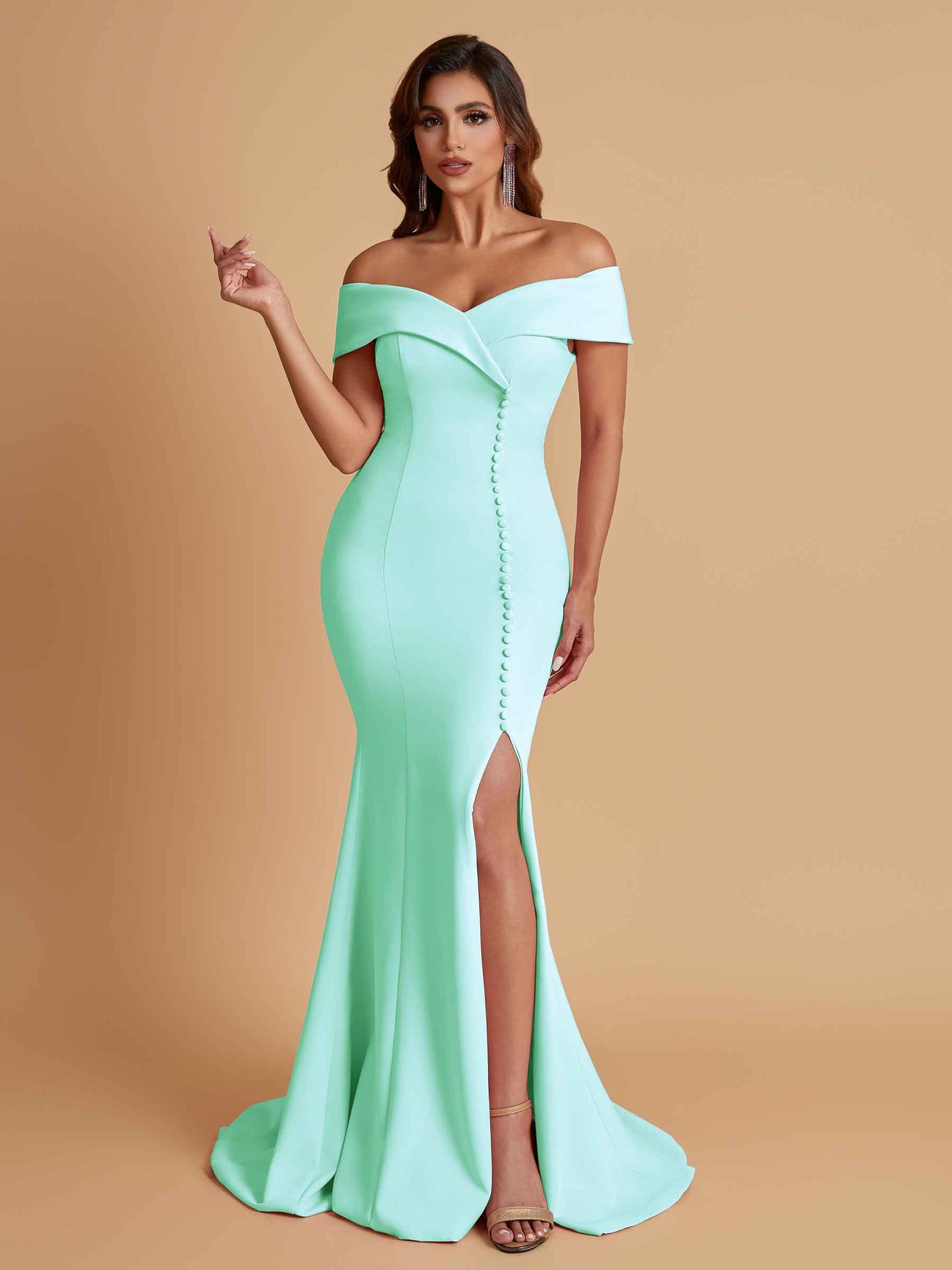 Elegant Soft Satin Mermaid Off Shoulder Side Slit Floor-Length Bridesmaid Dresses