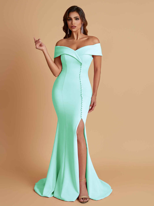 Elegant Soft Satin Mermaid Off Shoulder Side Slit Floor-Length Bridesmaid Dresses