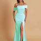 Elegant Soft Satin Mermaid Off Shoulder Asymmetrical Side Slit Floor-Length Bridesmaid Dresses