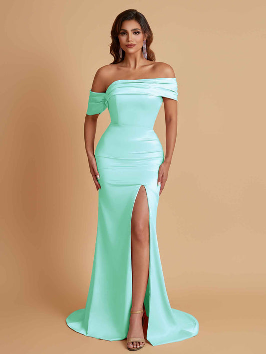 Elegant Soft Satin Mermaid Off Shoulder Asymmetrical Side Slit Floor-Length Bridesmaid Dresses
