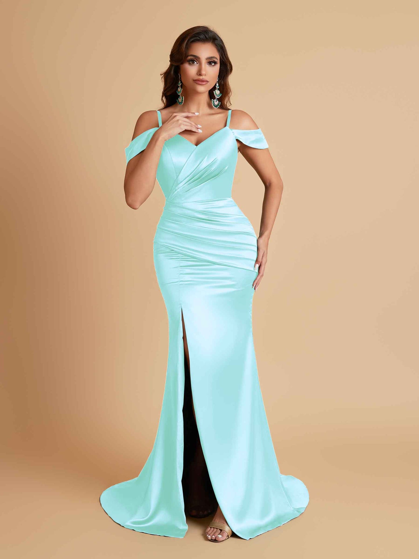 Sexy Soft Satin Mermaid Off Shoulder Side Slit Floor-Length Mermaid Bridesmaid Dresses