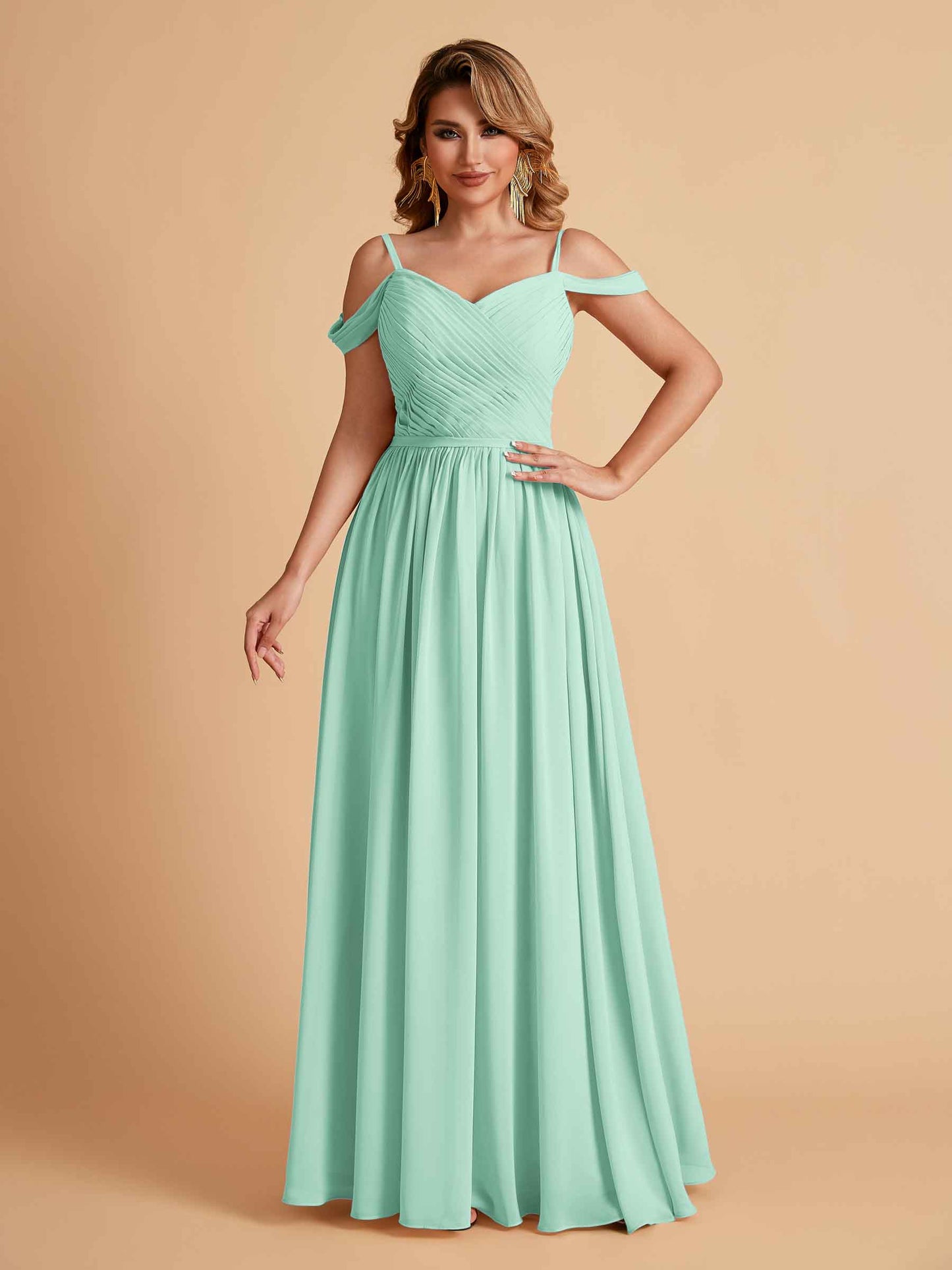 Elegant A-line Chiffon Off The Shoulder V-Neck Bridesmaid Dresses Online