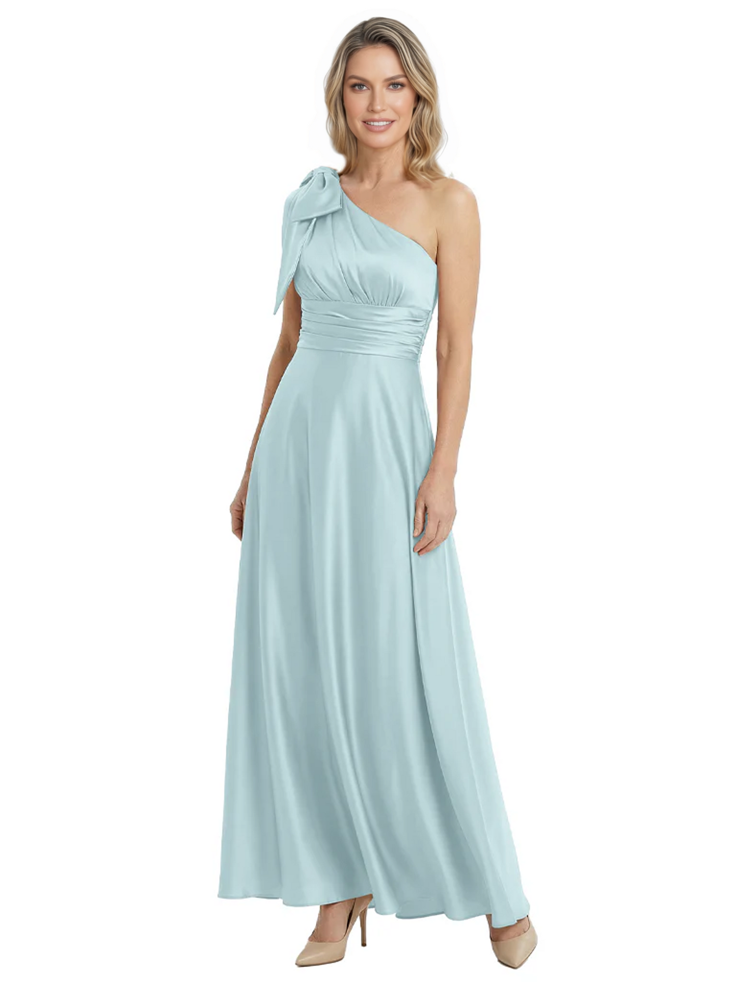 One-Shoulder Mother of the Bride Dress Satin Gown with Bow Ruched Empire Waist
