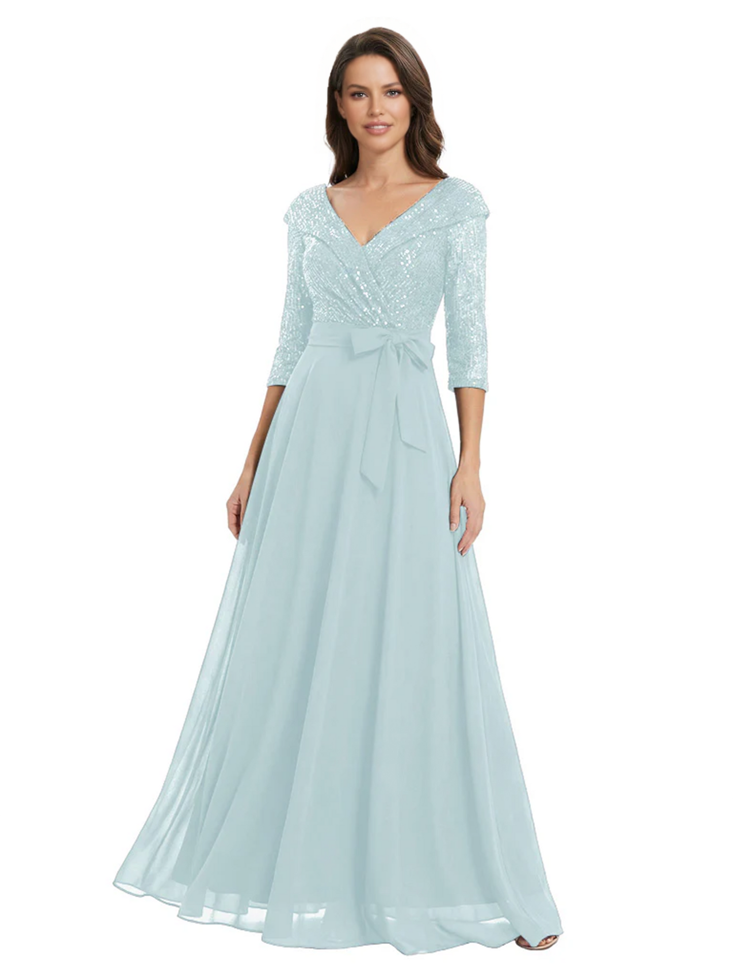 Chiffon Mother of the Bride Dress with Sequin V-Neck and Elegant Bow Sash