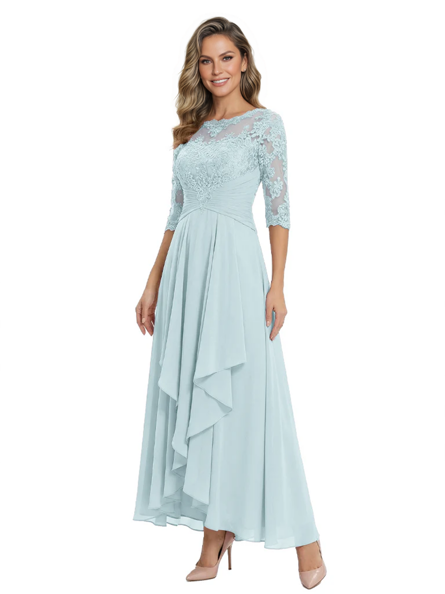 3/4 Sleeve Mother of the Bride Dress with Lace Embroidery High-Low Hem 2026