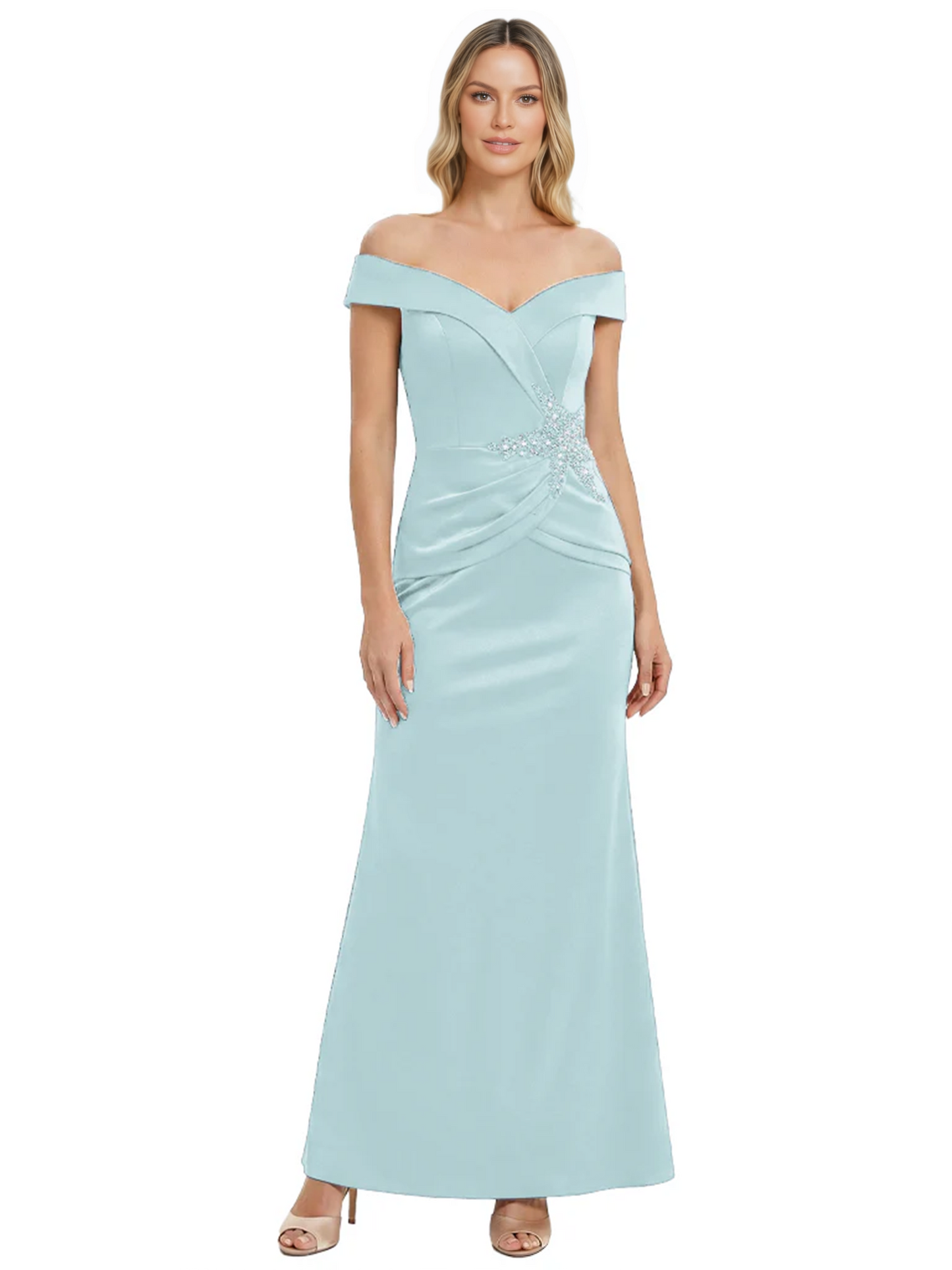 Off Shoulder Mother of the Bride Dress Beaded Waist Satin Gown Portrait Neckline
