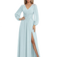 A-Line Mother of Bride Dress V-Neck Chiffon Gown Long Sleeves Slit Formal Dress