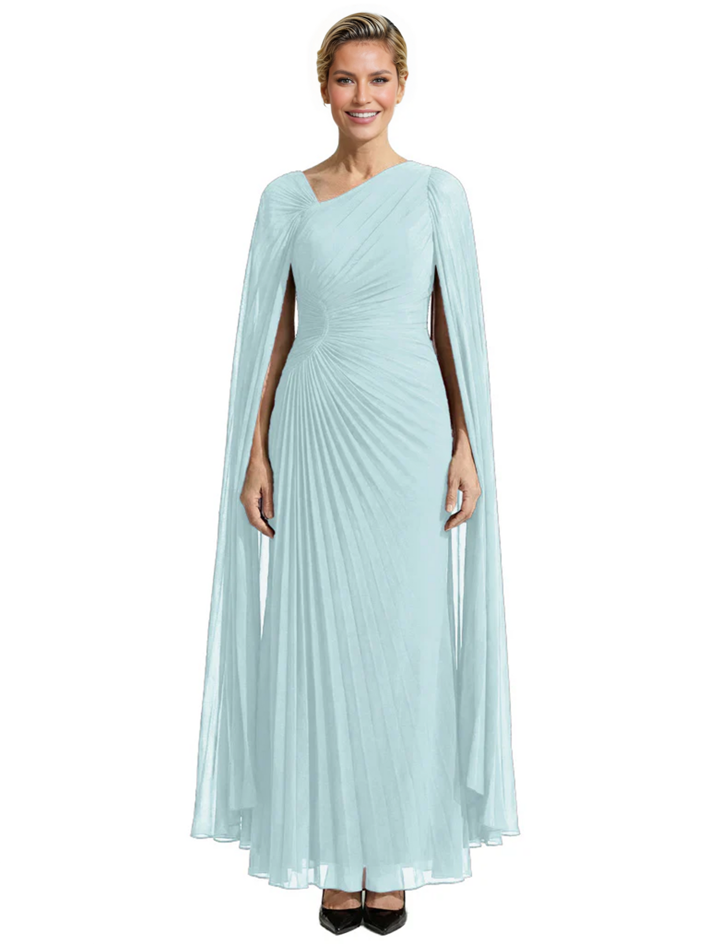 Elegant Asymmetric Neck Long A-Line Chiffon Mother of the Brides Dresses Mom Outfit with Cape