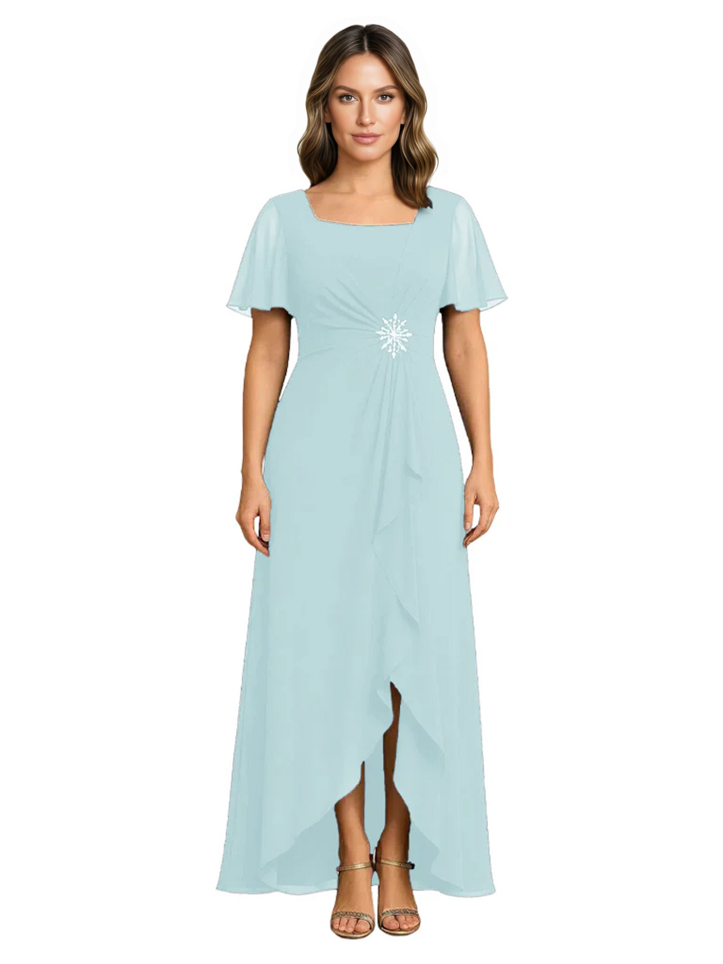 Formal High-Low Mother of the Bride Gown Sleeved Chiffon Maxi Dress Ruched Waist
